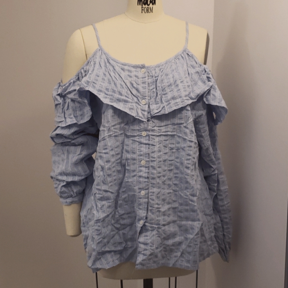 Blue Stripe Cold Shoulder Shirt